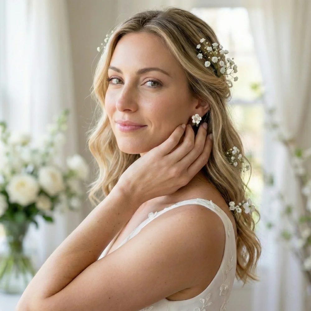 White Enamel Flower Stud Earrings Gold Faux Pearl Rhinestone Green Leaf Bridal